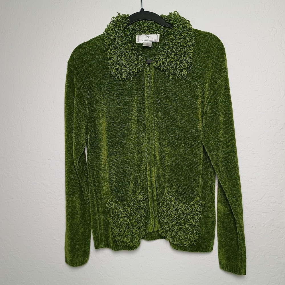 Vtg Lisa International Green Chenille Zip Cardigan Sweater Loopy Fringe Trim L